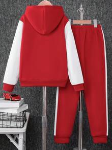 SHEIN Bộ 2 món: Áo khoác hoodie thể thao màu tương phản và quần nỉ cho bé trai tuổi teen, phong cách thường ngày - Đỏ - Xem 2