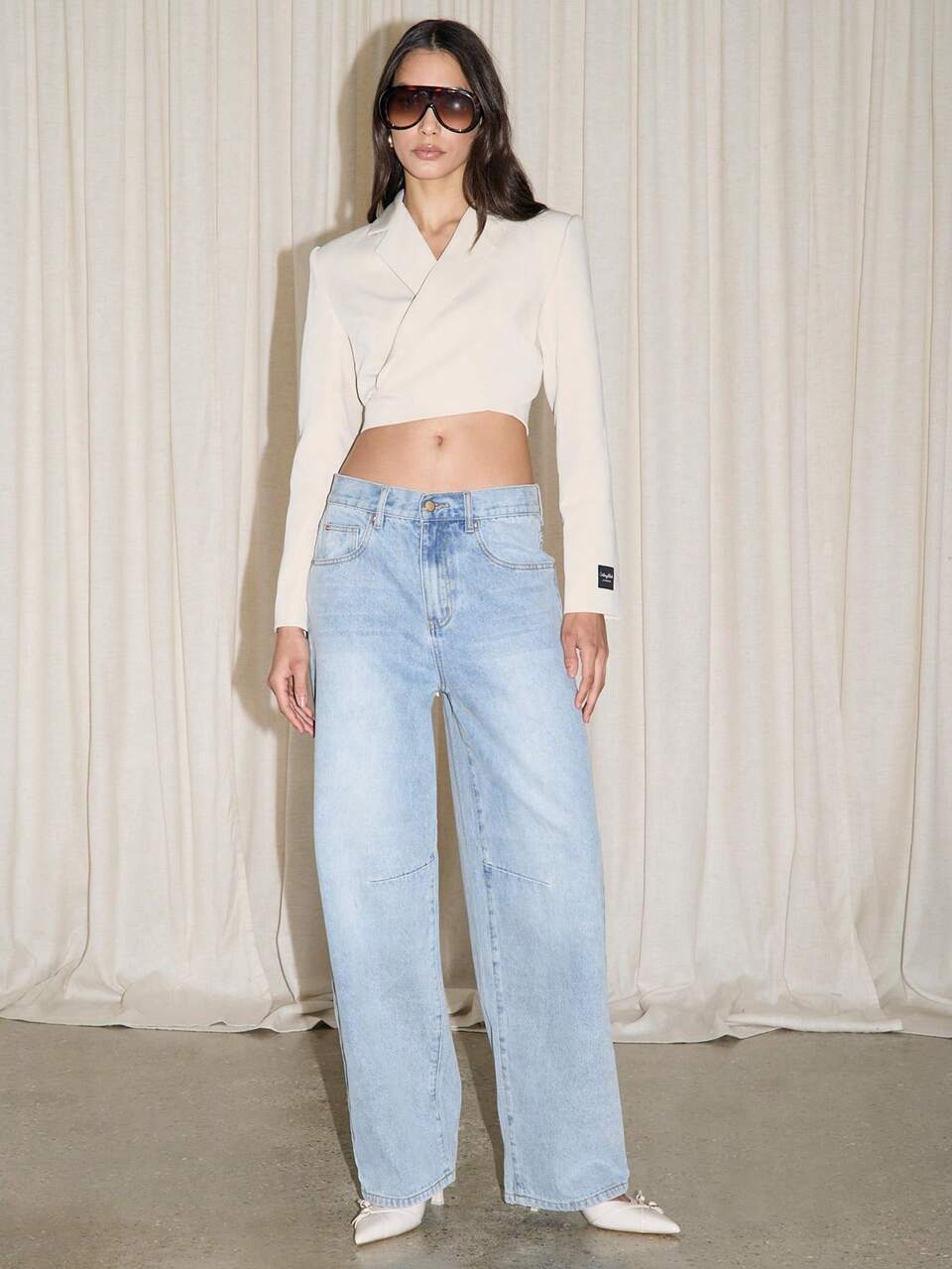 Backless Tie Waist Crop Lapel Long Sleeve Lightweight Blazer