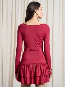 AiiRZ 波西米亚风圆领修身长袖垂腰荷叶边下摆芭蕾舞迷你连衣裙 - 酒紅色 - 查看 2