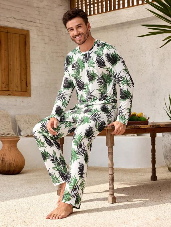Manfinity ChillVibe Men's Plant Print Crew Neck Long Sleeve Top And Pants Pajamas Set