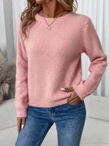 SHEIN LUNE 女士撞色拼接系带长袖休闲套头毛衣针织衫秋冬款 - 粉色 - 查看 3