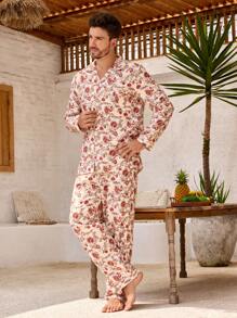 Manfinity ChillVibe 2pcs Men Floral Print Single-Breasted Long Sleeve Top And Pants Loungewear Set - Red and White - View 4