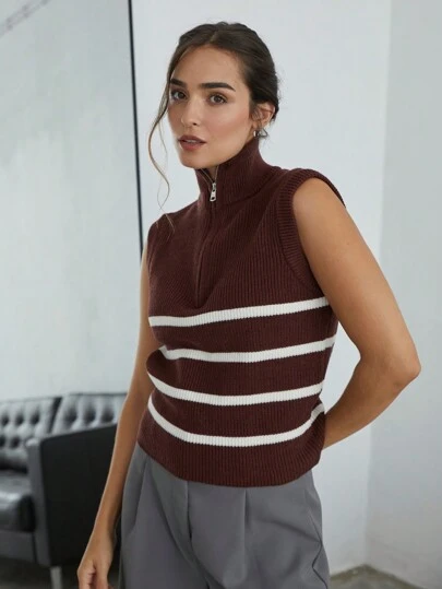 Chiquease Women Half Zip Striped Sleeveless Knitted Sweater Vest, Autumn