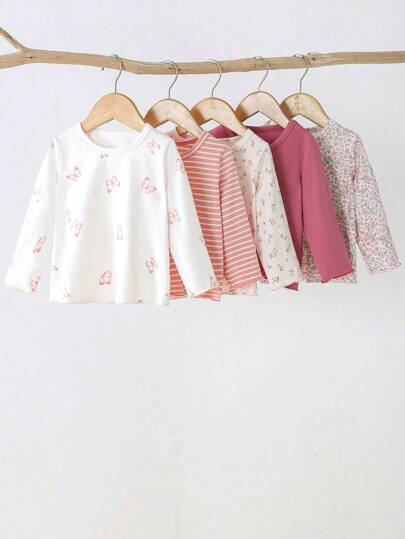SHEIN Playful Pals Baby Girl 5 st/pack Casual Vardagliga Basics Blanda-och-matcha blommiga och randiga långärmade toppar, bekvämt mjukt tyg som passar höst/vinter