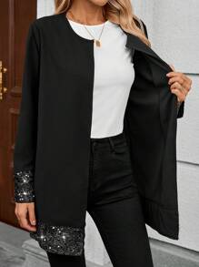 EMERY ROSE Women Casual Patchwork Glitter Print Open Front Regular Jacket, Autumn Christmas Women Clothes Holiday Outfits Sequin - Black - View 4