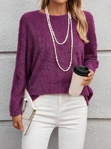 EMERY ROSE T-shirt casual à manches longues, en couleur unie, avec un col rond et moelleux, pour femmes