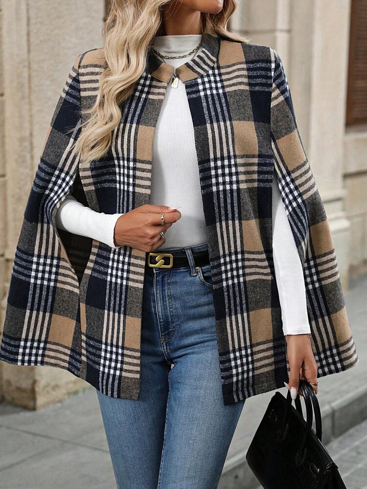Women's Elegant Plaid Hooded Cloak Coat, Autumn/Winter