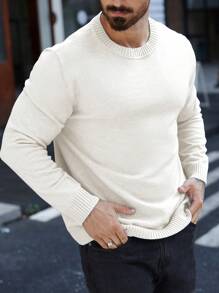 Manfinity Homme Plus Size Men's Casual Solid Color Knit Sweater, Autumn/Winter