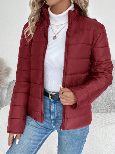 SHEIN LUNE Women's Casual Solid Color Zipper Front Padded Padded Coat, Winter Clothes Style Fall Cloth For Women