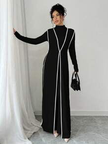 3件套：针织拉绒罗纹高领长款毛衣和撞色阔腿裤（女款） - 黑色 - 查看 8