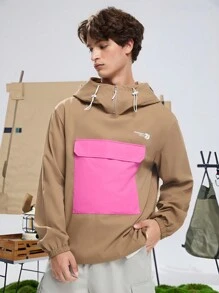 Manfinity VCAY Chaqueta con capucha de manga larga con cuello alto, de patchwork tejido, de uso diario y casual para hombre