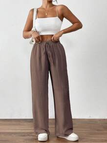 SHEIN PETITE Quần ống đứng túi xéo họa tiết trơn màu tối giản thời trang dành cho nữ - Màu nâu Sô-cô-la - Xem 3