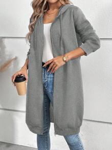 SHEIN LUNE Áo nỉ dài tay có mũ trùm đầu khóa kéo phía trước màu trơn cho nữ mùa thu - Xám - Xem 5