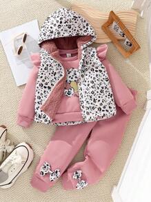 SHEIN 3pcs Young Girl Set: Fleece Heart Pattern Sweatshirt, Bowknot Sweatpants, Ditsy Floral Hooded Zipper Vest