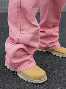 Manfinity EMRG Men's Casual Loose Fit Solid Color Wide Leg Jeans, Belts Not Included - Pink - View 7