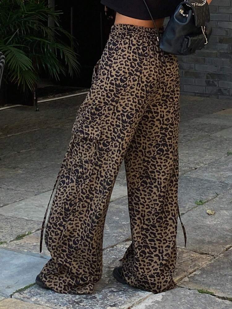 Women Chic Leopard Print Cargo Casual Straight Leg Pants With Half Elastic Waist Cheetah Print