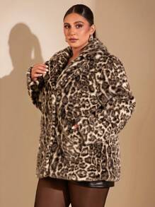 SHEIN BAE Plus Size Women Elegant Gangster Wife Luxurious Leopard Print Lapel Long Sleeve Warm Fluffy Mid-Length Coat For Autumn/Winter