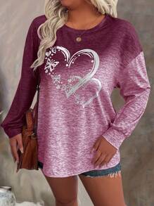 Plus Size Women's Casual Long Sleeve T-Shirt With Butterfly & Heart Prints, Autumn Graphic Tees Women Tops For Spring Outfit