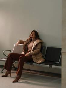 Anewsta Women's Long Belt Hooded Cargo Jacket, Light Brownish-Beige - Coffee Brown - View 9