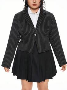 ROMWE Blazer Longo de Manga Longa com Cintura Marcada e Listras Vintage, Plus Size - Preto - Visão 2