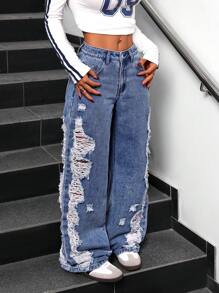 SHEIN ICON Women Plain Ripped Pocket Casual Loose Straight Leg Jeans - Blue - View 4