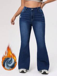 SHEIN ICON Quần jeans ống loe dáng rộng có túi dành cho nữ cỡ lớn, lót giữ nhiệt, thích hợp cho Lễ Tạ ơn và Giáng sinh. - Màu xanh lam - Xem 1