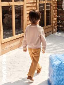 SHEIN Bộ đồ ấm áp dài tay in họa tiết hoạt hình dễ thương cho bé trai và quần ống đứng lót lông, thời trang cho mùa thu/đông - Nhiều màu - Xem 2