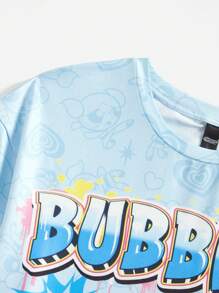 THE POWERPUFF GIRLS X SHEIN 女士休闲卡通字母印花宽松短袖 T 恤，夏季 - 藍色 - 查看 3