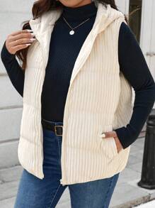 SHEIN LUNE Plus Size Vest Padded Coat With Hooded And Pockets, Warm And Thickened Winter Coat New Years Holiday Thermal - Apricot - View 4