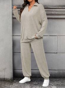 Calvaya 2pcs/Set Plus Size Solid Color Ribbed Long Sleeve Top And Drawstring Long Pants Fall - Apricot - View 8
