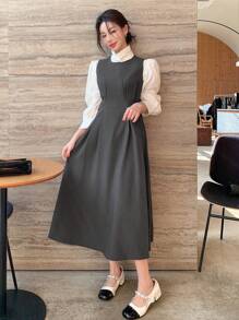DAZY Đầm dài vừa phải không tay cổ tròn màu trơn cho nữ - Màu xám đen - Xem 7
