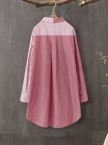 SHEIN LUNE Women Casual Everyday Striped Patchwork Pocket Button Down Long Shirt, Spring/Autumn - Red and White - View 2