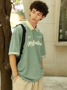 Aesthetic Post Áo thun polo cổ tròn họa tiết chữ tương phản rộng rãi cho nam - Màu xanh Bạc hà - Xem 6