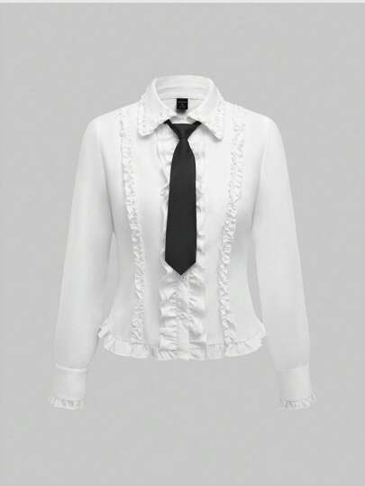 Blouse femme à manches longues ajustée avec col cravate, décoration de clous en forme de croix, style gothique