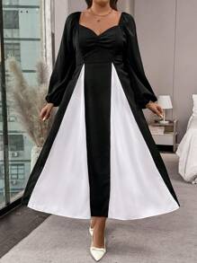 SHEIN Clasi Đầm dài thanh lịch cổ tim tay loe màu cỡ lớn cho nữ - Đen và trắng - Xem 3