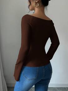 Selianne 船领喇叭袖修身女士针织套头衫，秋冬款 - 鏽棕色 - 查看 3