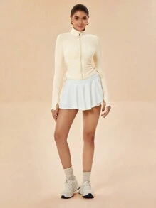 SHEIN Sports Women Solid Color Long Sleeve Zip-Up Fitted Athletic Jacket - Apricot - View 5