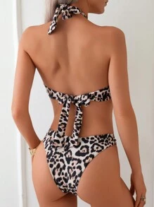 Woman's Leopard Print Halter Two-Piece Bikini Swimwear Summer - Multicolor - View 3
