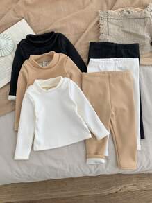 SHEIN LMoss Kids 6 件套女婴可爱高领纯色长袖上衣和松紧腰长裤，秋冬 - 彩色 - 查看 4
