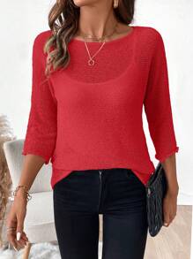 SHEIN LUNE Áo len lưới cổ tròn màu trơn thường ngày - Đỏ - Xem 4