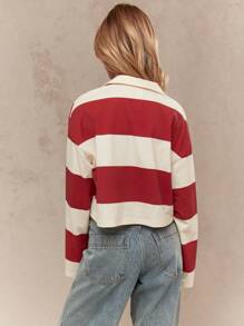 MISSGUIDED 学院风橄榄球 Polo 衫条纹长袖棉质短款上衣学院风运动经典秋冬家居服基本款 - 紅白色 - 查看 2