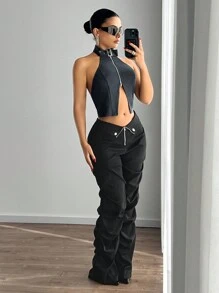 SHEIN ICON Pantalones sueltos con cintura extra baja, cuello en V y pliegues para mujeres
