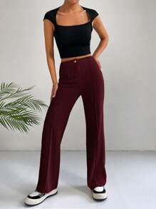 SHEIN EZwear 纯色高腰接缝细节黑色裤子 - 酒紅色 - 查看 5