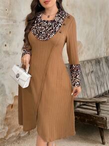 Plus Size Women's Knitted Jacquard Leopard Print Color-Blocking Warm Sweater Dress - Khaki - View 3
