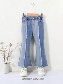 Cozy Pixies 年轻女孩休闲柔软可爱双色拼布高弹蓝色牛仔喇叭牛仔裤 - 中等水洗藍 - 查看 1