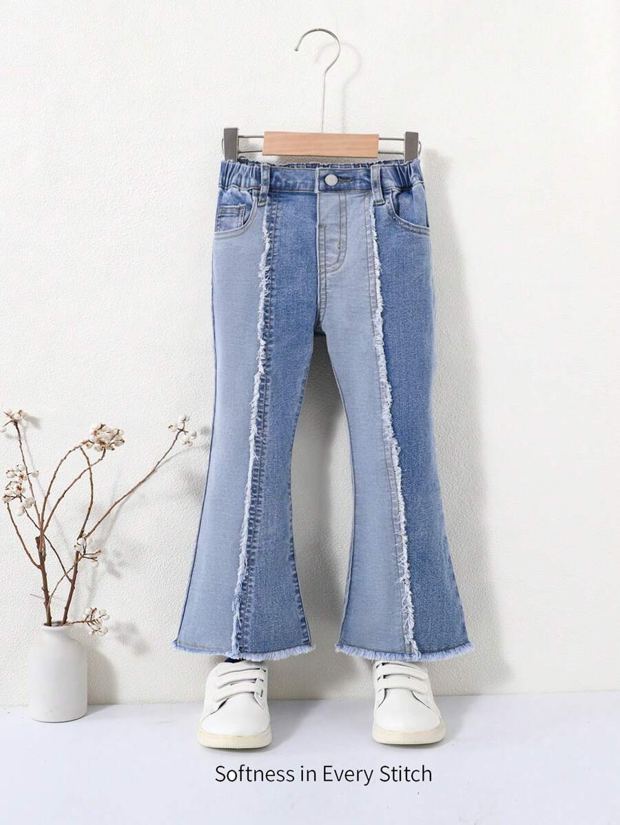 Cozy Pixies 年轻女孩休闲柔软可爱双色拼布高弹蓝色牛仔喇叭牛仔裤 - 中等水洗藍 - 查看 1