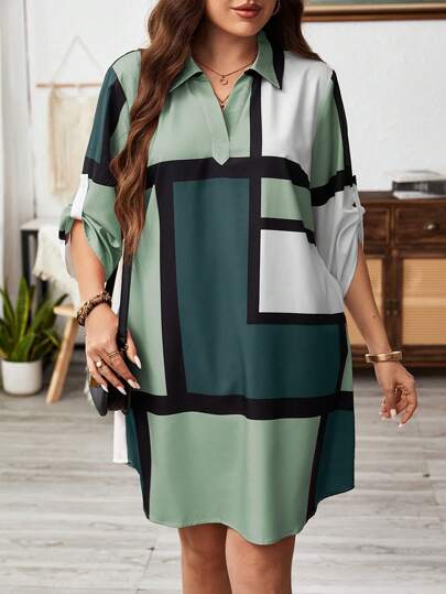 SHEIN LUNE Plus Size Women Plaid Roll-Up Sleeve Loose Straight Casual Shirt Dress, Autumn Green Holiday Outfit Holiday Party Dress Plus