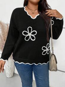 SHEIN LUNE Plus Size Women V-Neck Long Sleeve Sweater, Winter