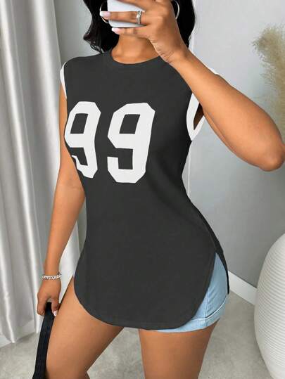 BamGleam 女士印花数字简约运动超大无袖背心，适合日常休闲运动图案 T 恤女式上衣