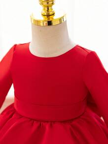 SHEIN Glamorique Kids Christmas Princess Girls Dress, Formal Gown For Party, Autumn/Winter, Long Sleeve Satin Dress With Bow Mesh Tutu Skirt, For Toddler/Baby Girl - Burgundy - View 5